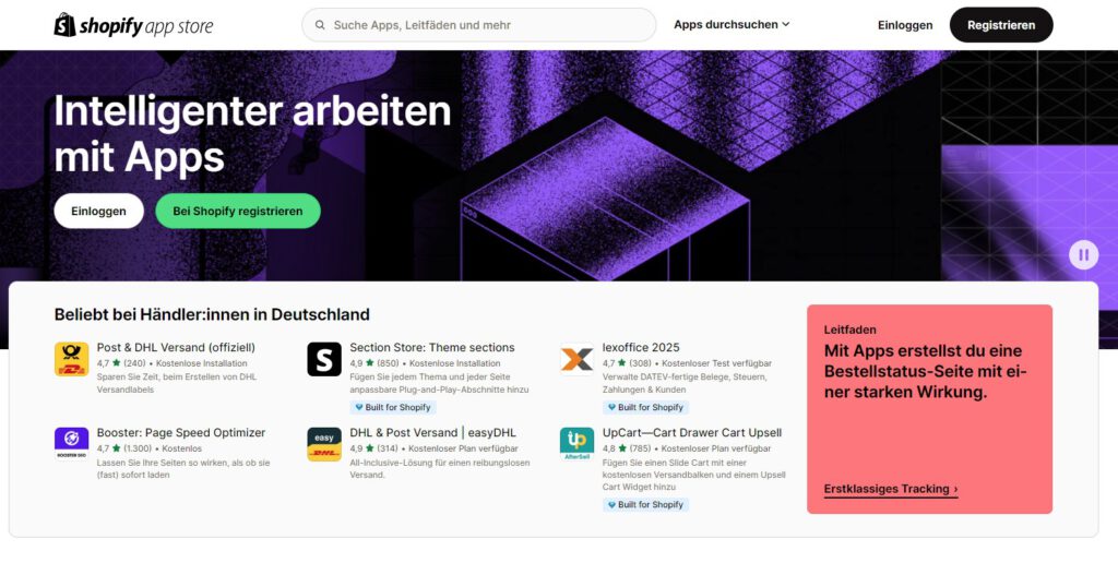 Screenshot des Shopify App Stores, der eine Auswahl an verfügbaren Apps zur Erweiterung und Anpassung von Shopify-Shops zeigt. shopify kosten