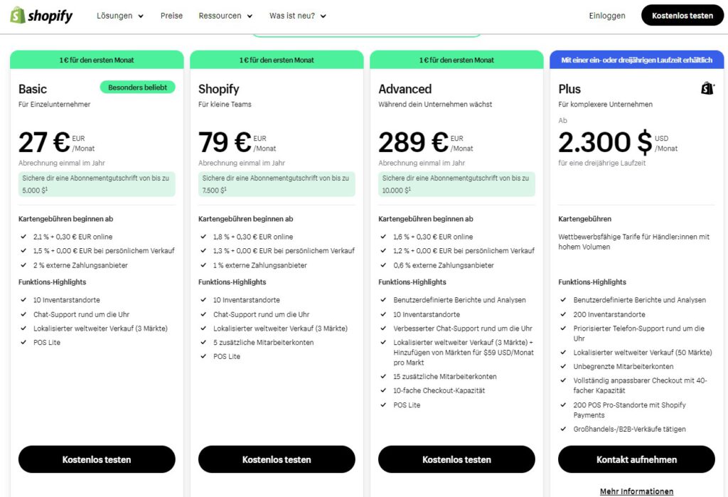 Bild der Shopify Preisliste, das die verschiedenen Preispläne und deren Kosten für die Nutzung der Plattform veranschaulicht. shopify kosten